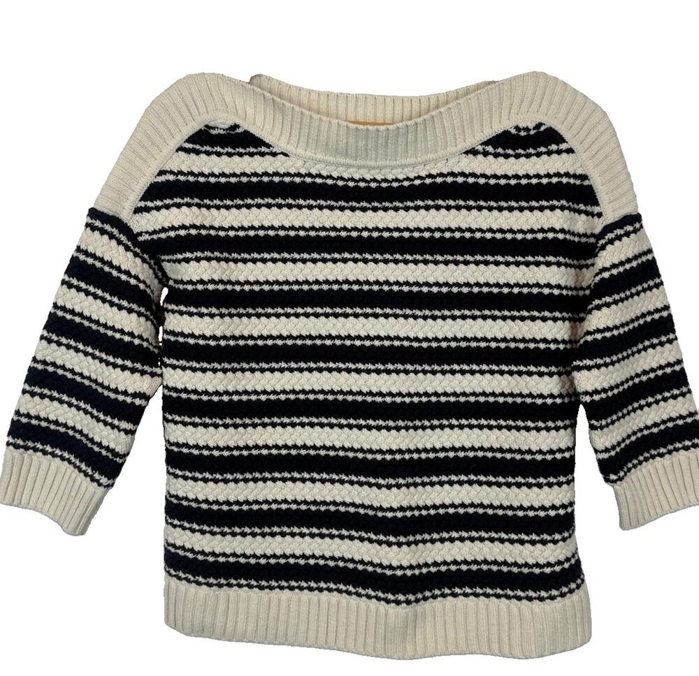 Boden Women's XS Textured Cotton Stripe Jumper Navy Ivory Boat Neck Sweater 3/4